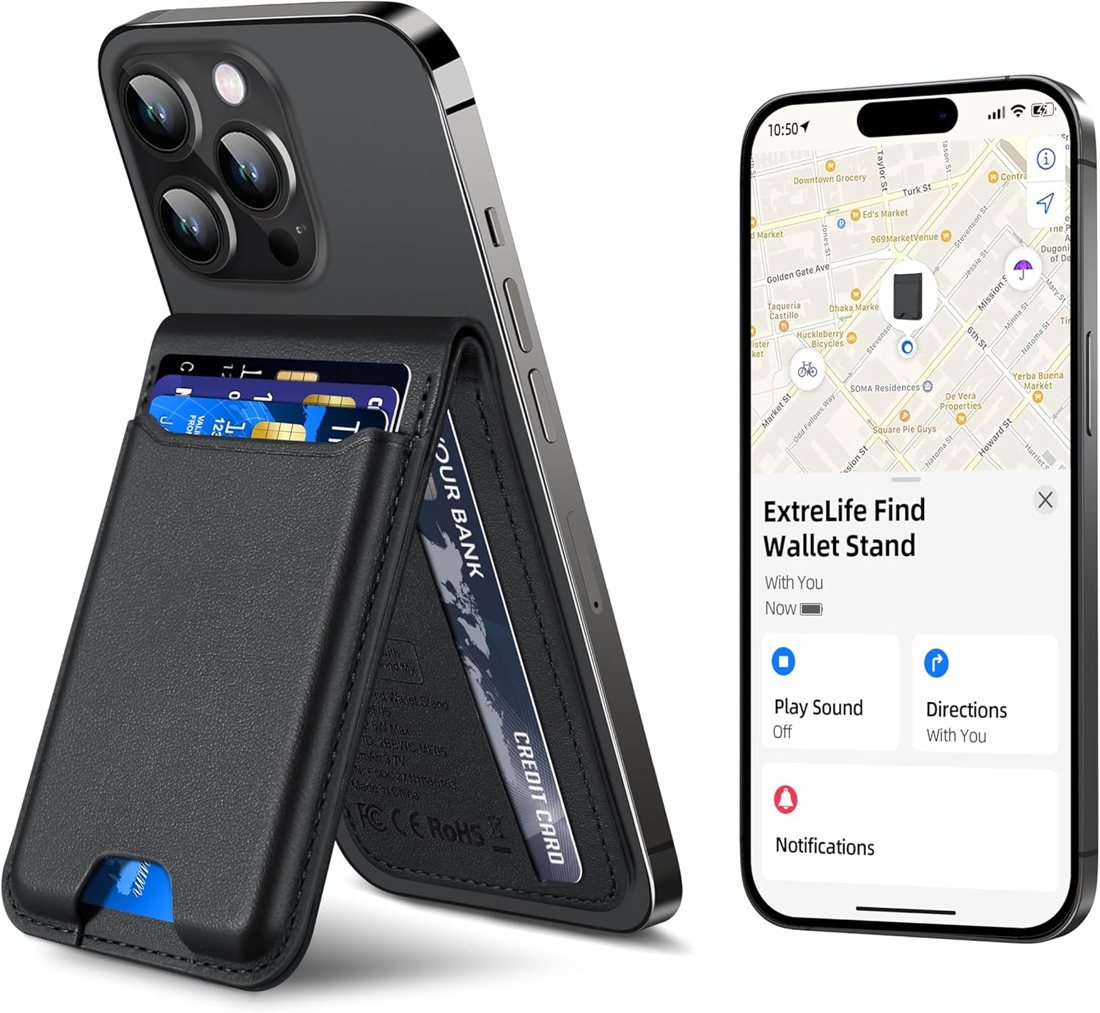 ExtreLife Find My wallet stand with an iPhone
